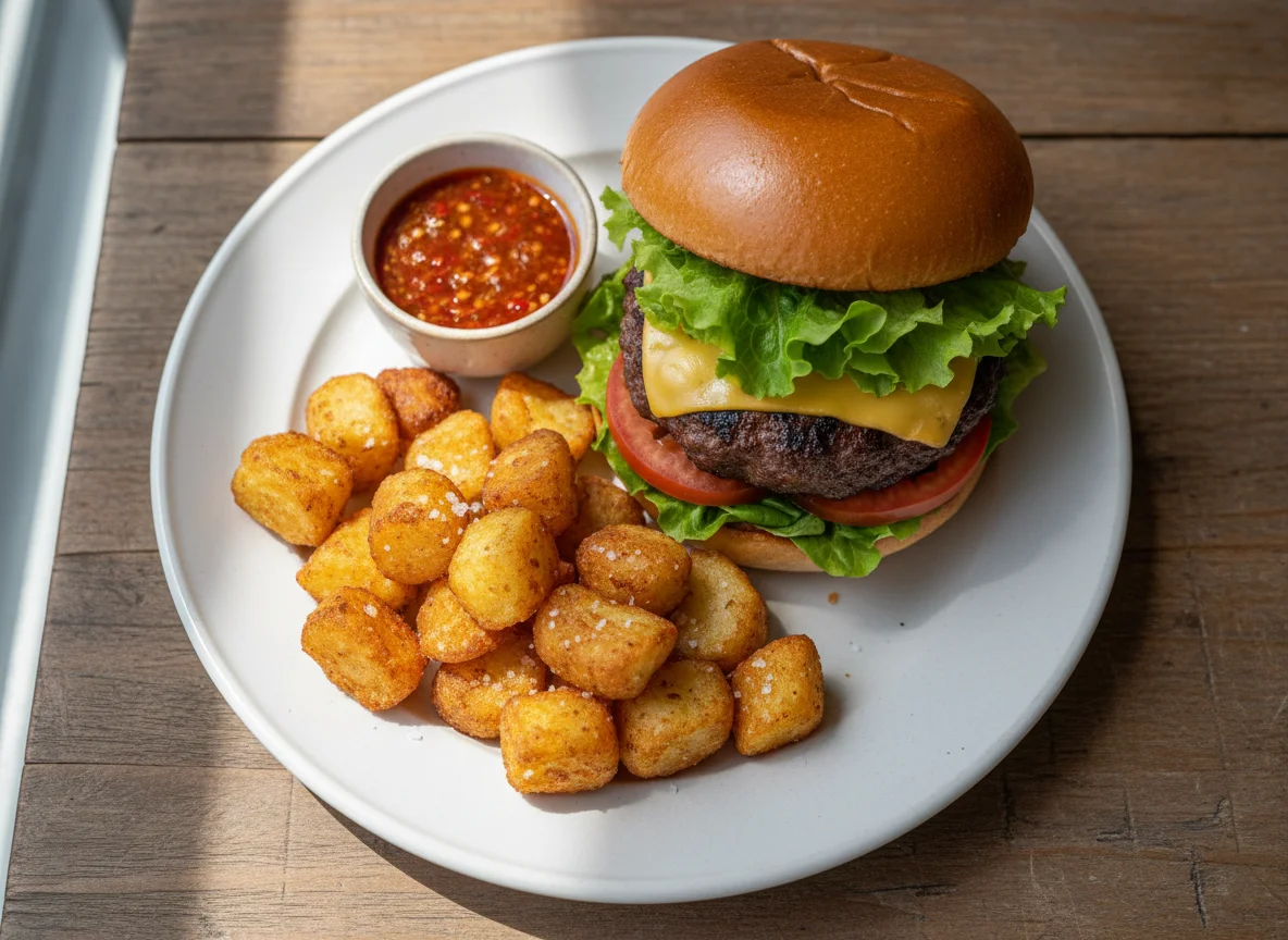 Burger with Potato Bites and Chilli Sauce photo