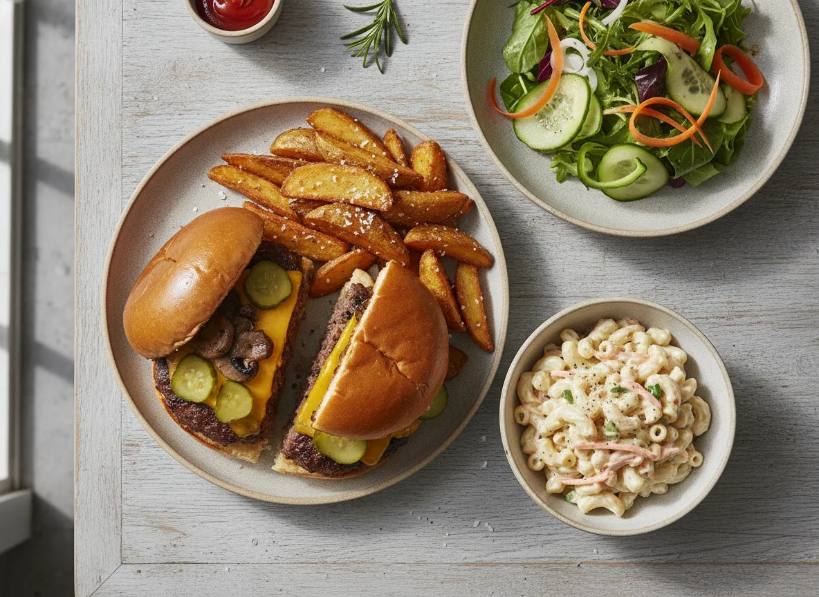 Burger with Potato Wedges and Side Salad photo