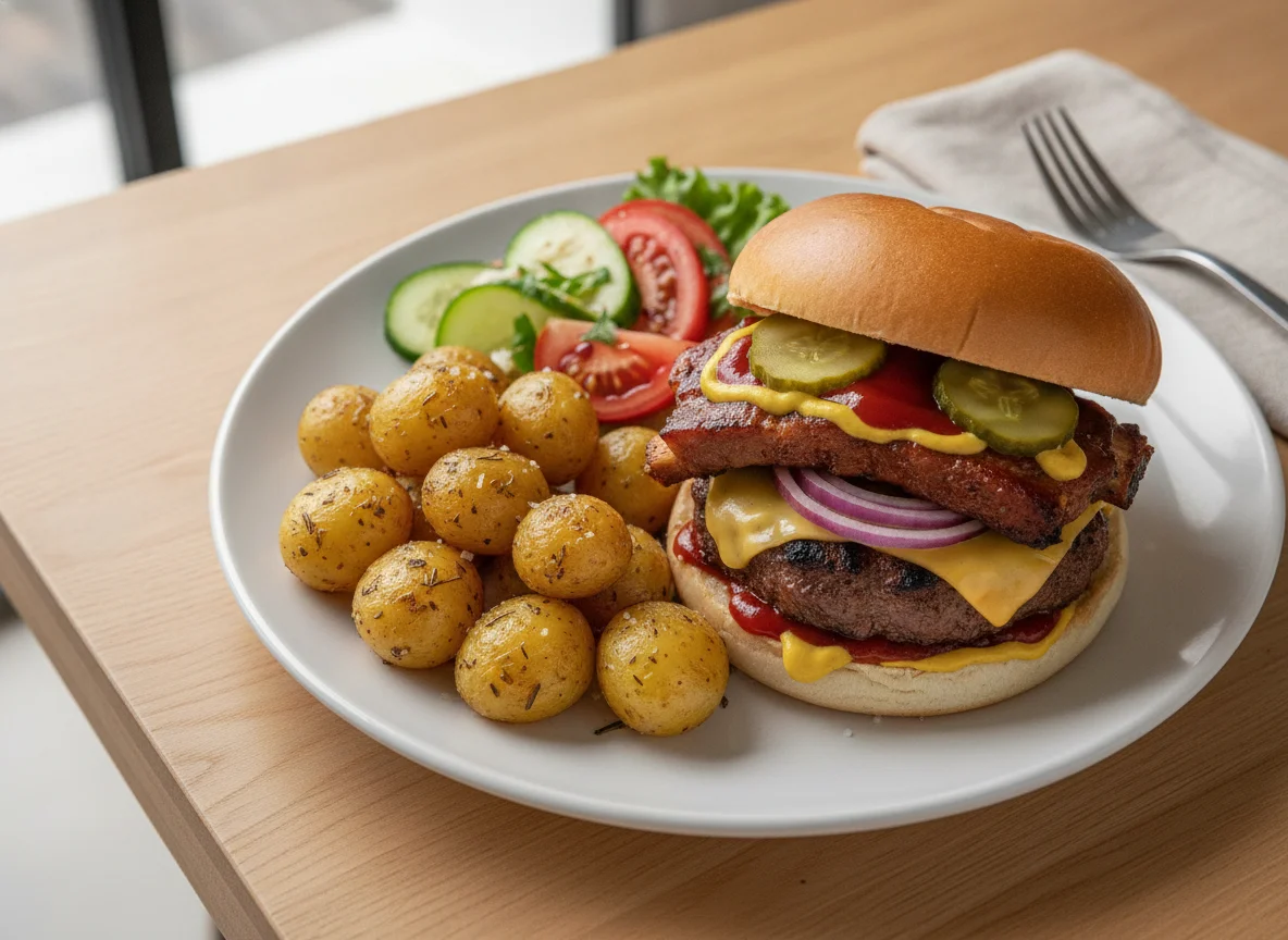 Burger with Ribs, Roasted Potatoes, and Garden Salad photo