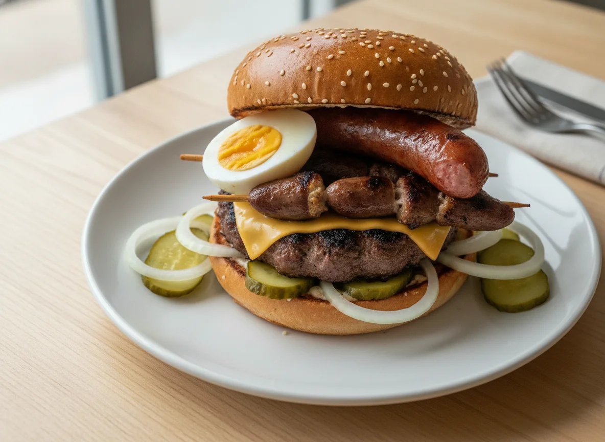 Burger with sausage, grilled hearts, and boiled egg photo