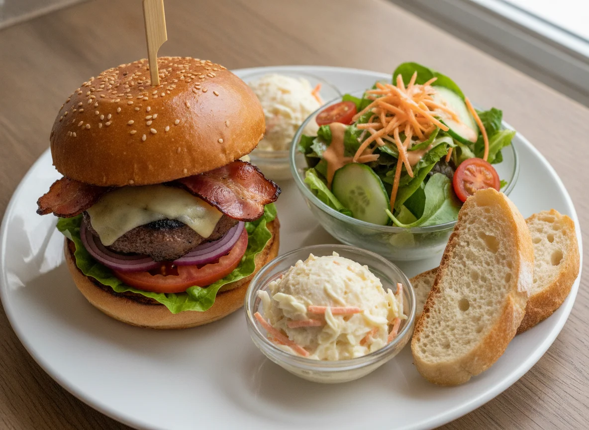 Burger with side salad and coleslaw photo