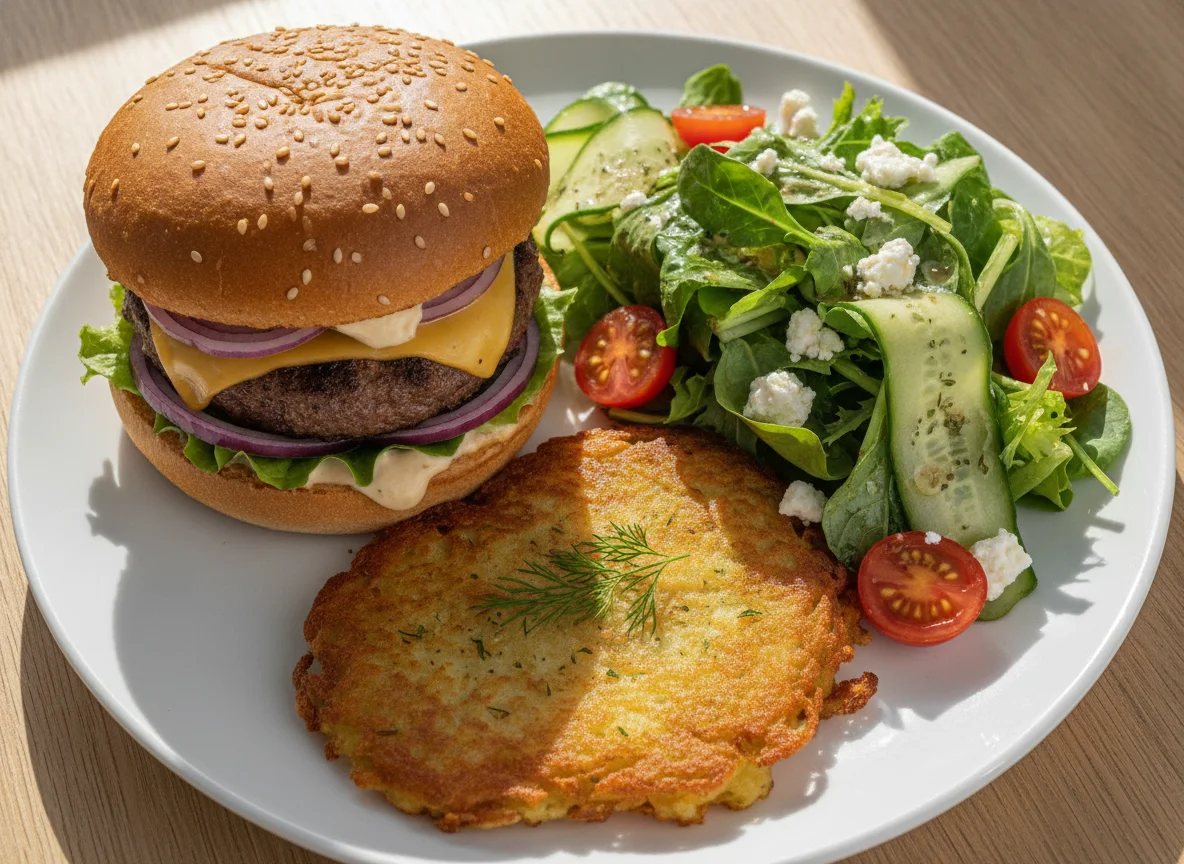 Burger with side salad and potato pancake photo