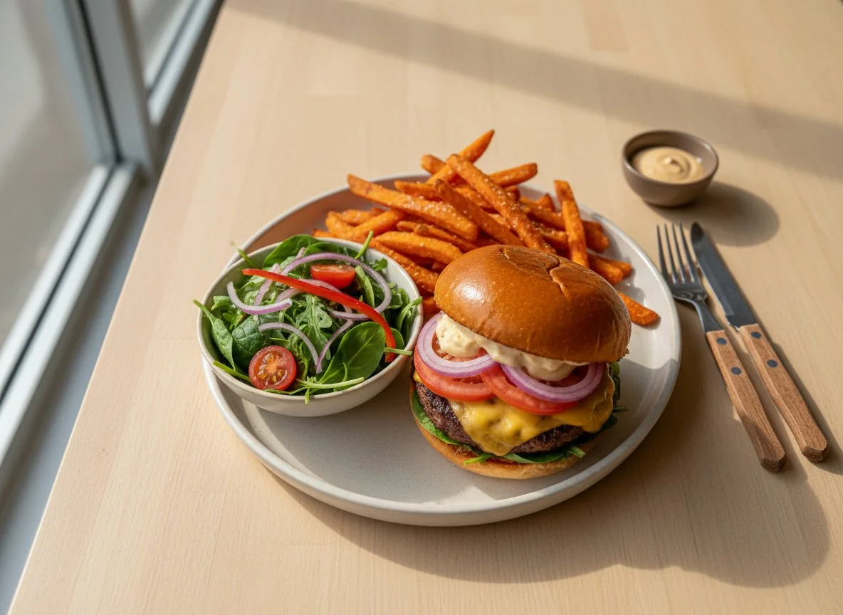 Burger with Sweet Potato Fries and Side Salad photo