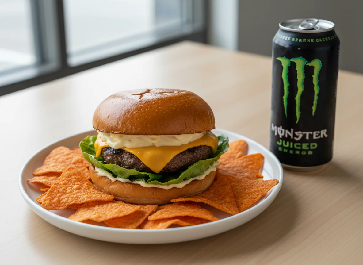 Burger with Tortilla Chips and Energy Drink photo