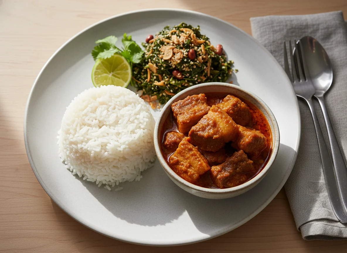 Burmese Pork Curry with Rice and Pickled Tea Leaves photo