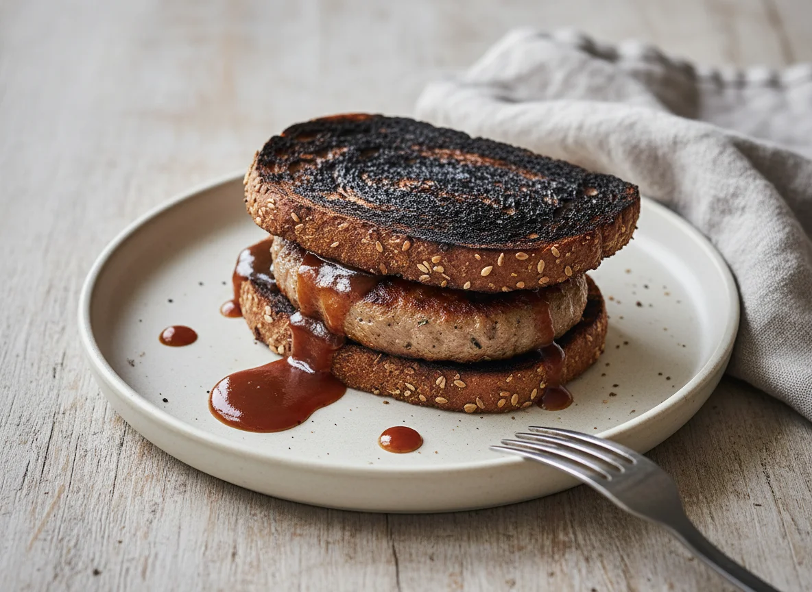Burnt Toast Sandwich with Sausage and Sauce photo