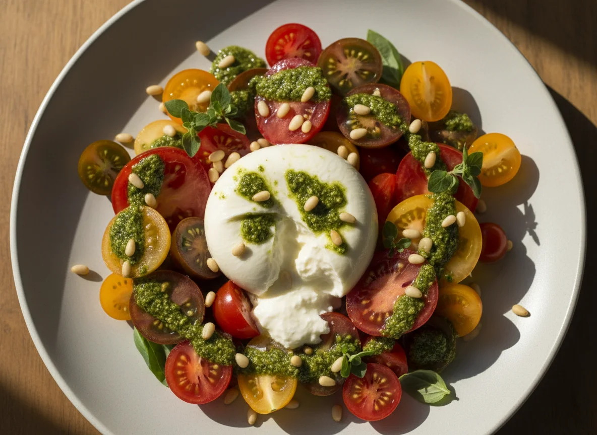 Burrata and Tomato Salad with Pesto and Pine Nuts photo