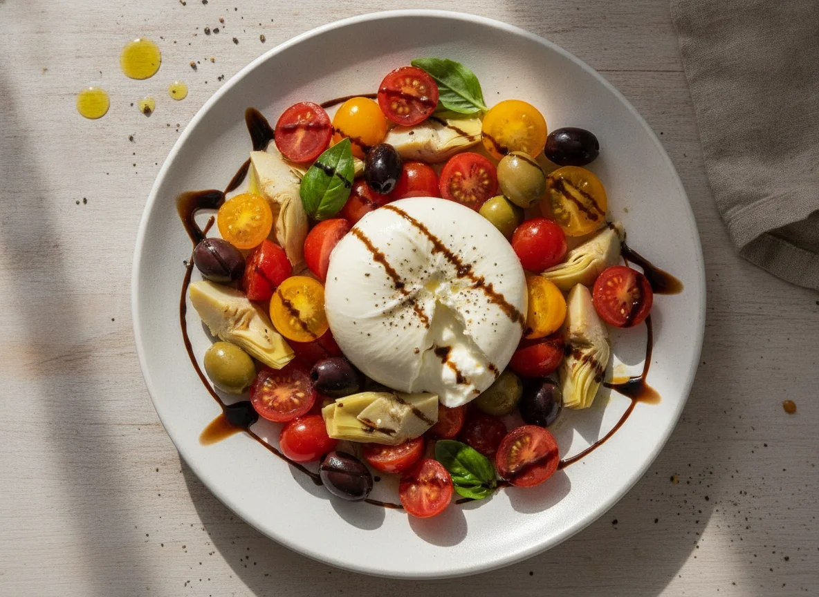 Burrata Salad with Cherry Tomatoes and Olives photo