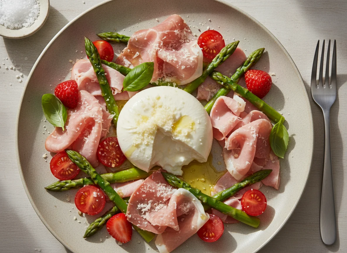 Burrata salad with prosciutto and asparagus photo