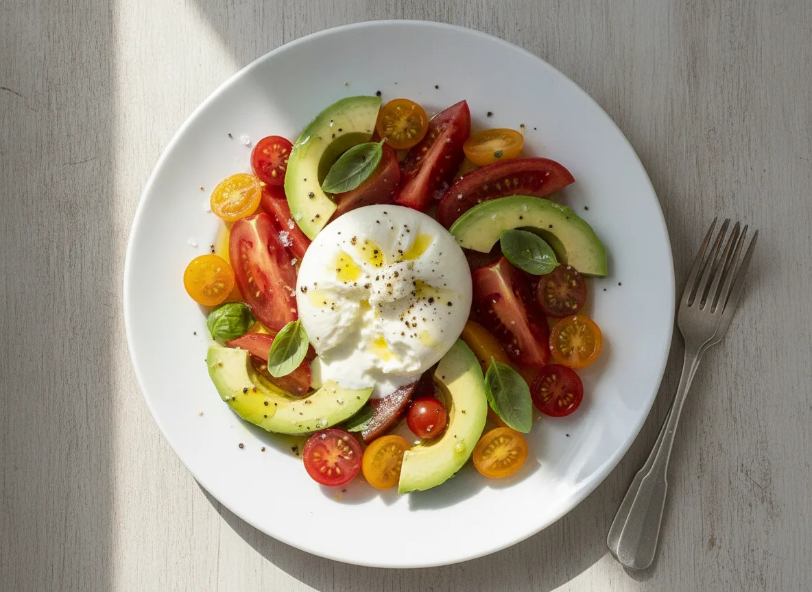 Burrata salad with tomatoes and avocado photo