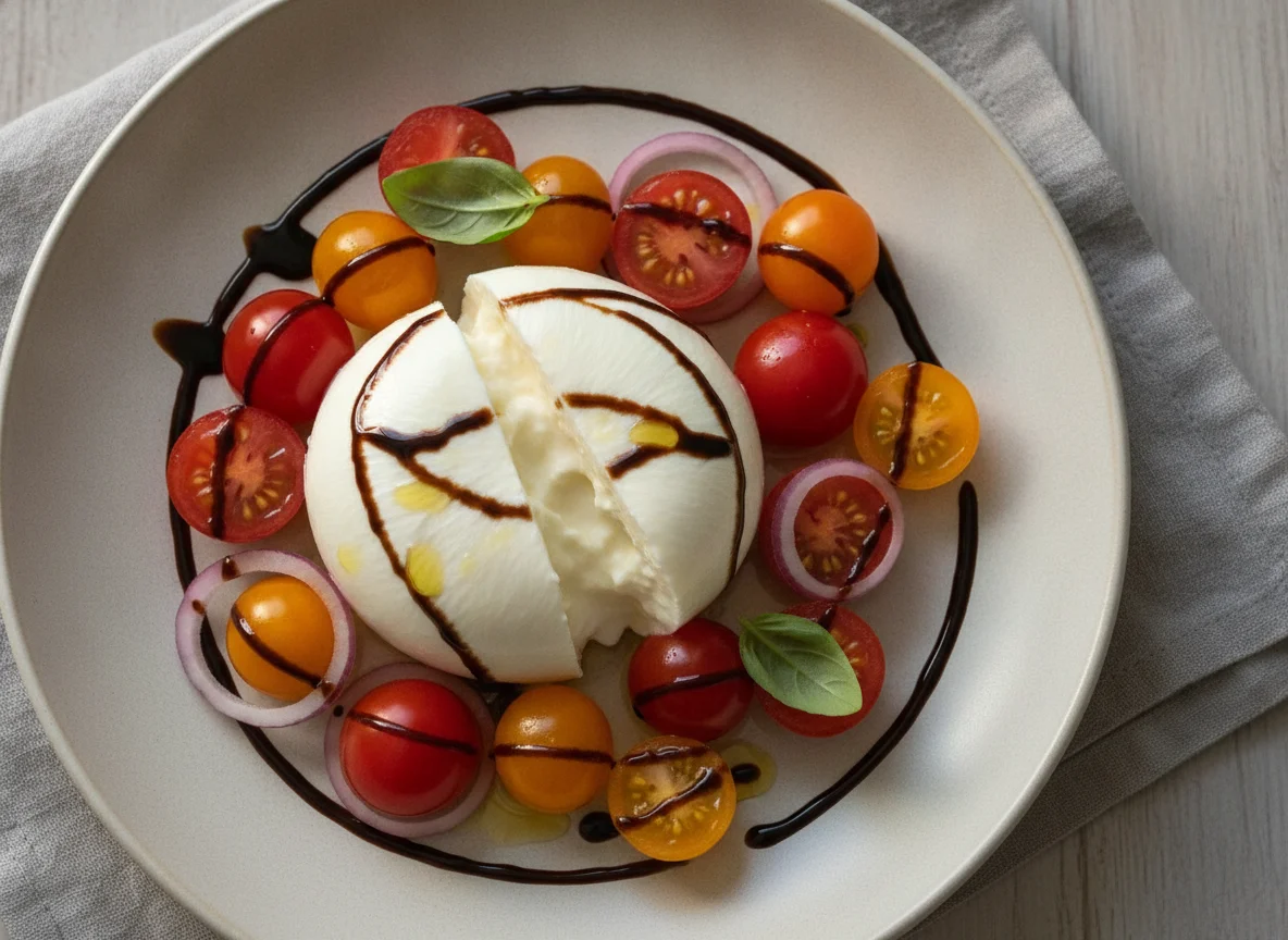 Burrata with Cherry Tomatoes and Balsamic Glaze photo