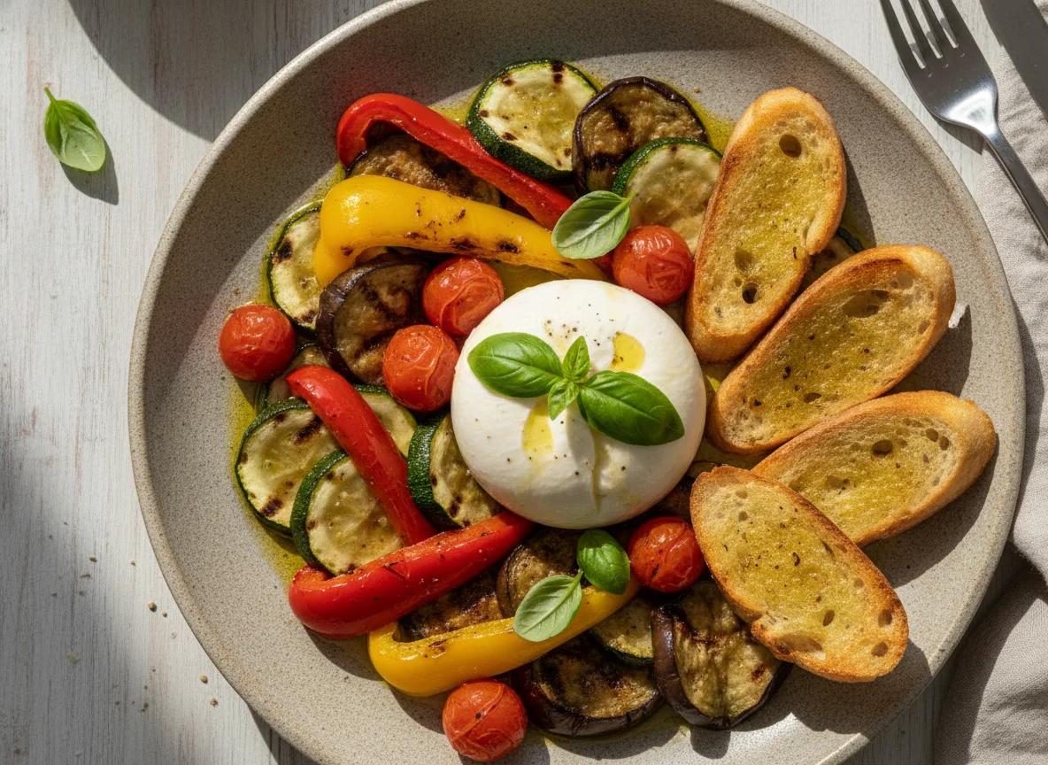 Burrata with Grilled Vegetables and Crostini photo