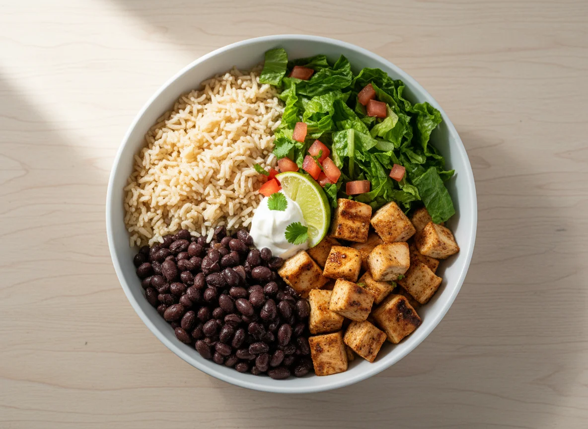 Burrito Bowl with Chicken, Rice, Beans, and Lettuce photo