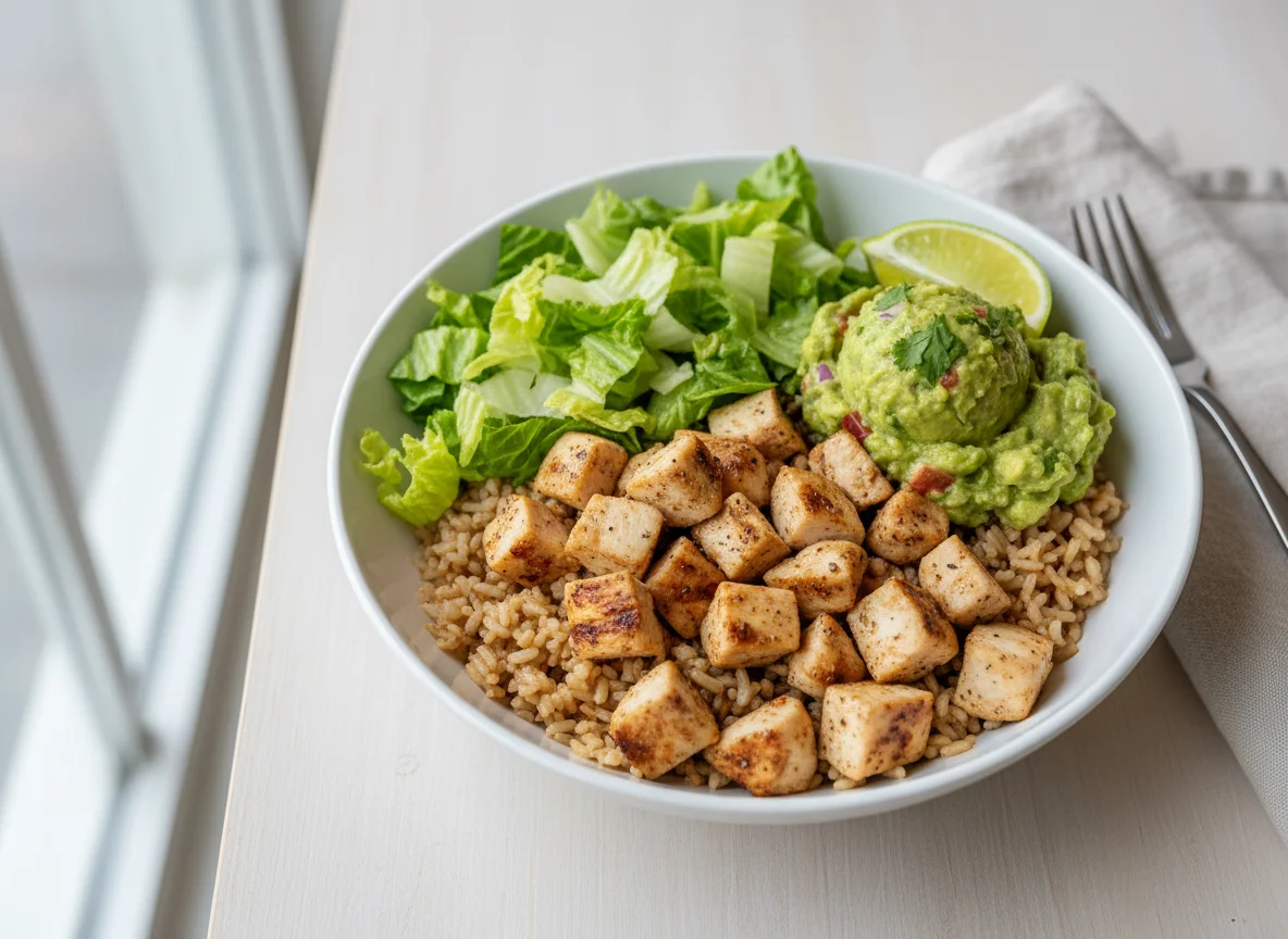 Burrito Bowl with Chicken, Rice, Lettuce, and Guacamole photo