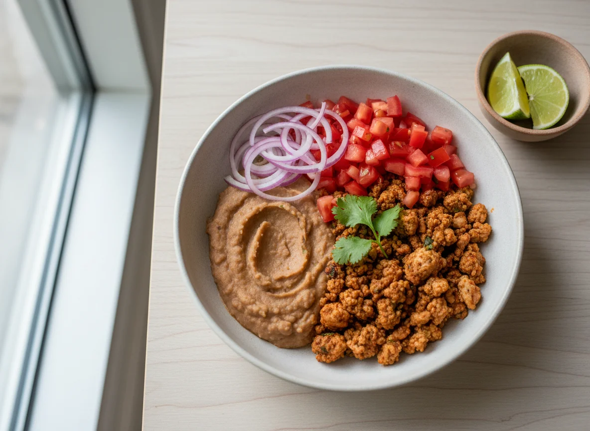 Burrito Bowl with Ground Meat and Refried Beans photo
