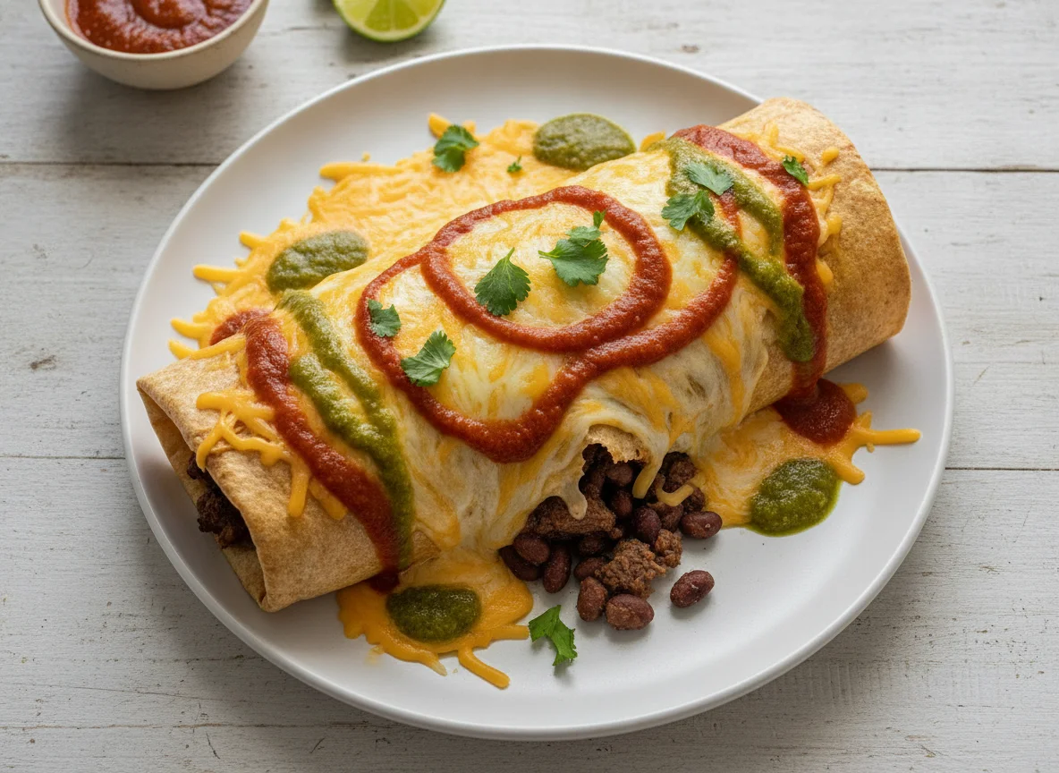 Burrito smothered with cheese and salsa photo