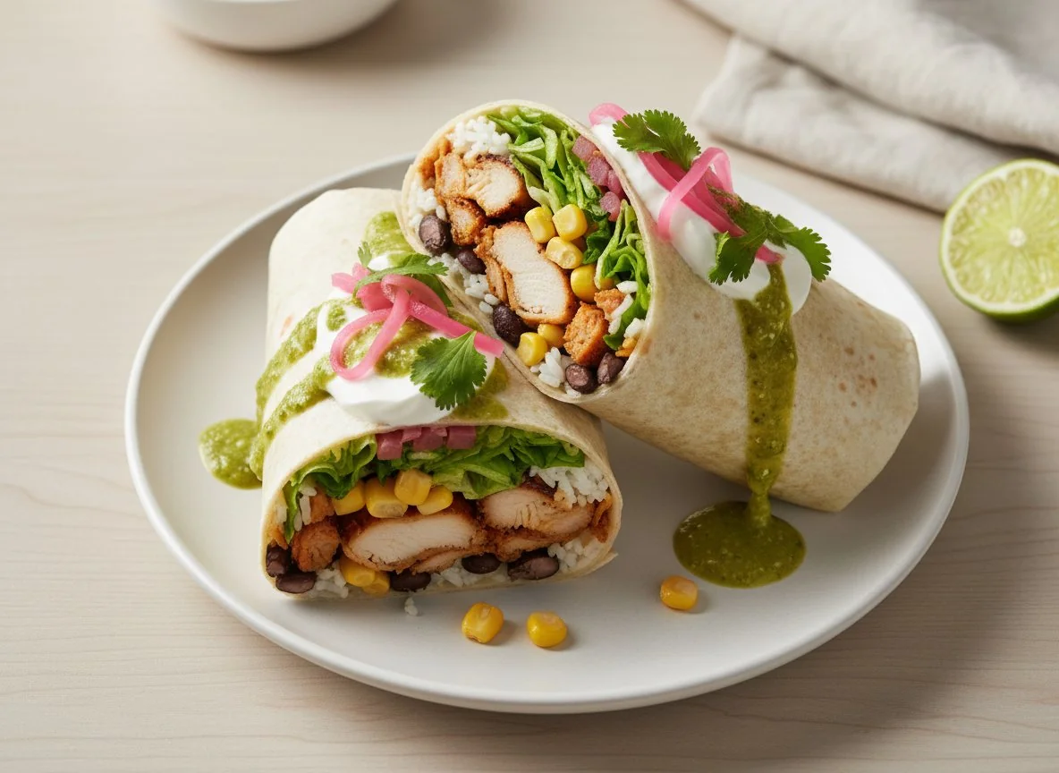 Burrito with green salsa and sour cream photo