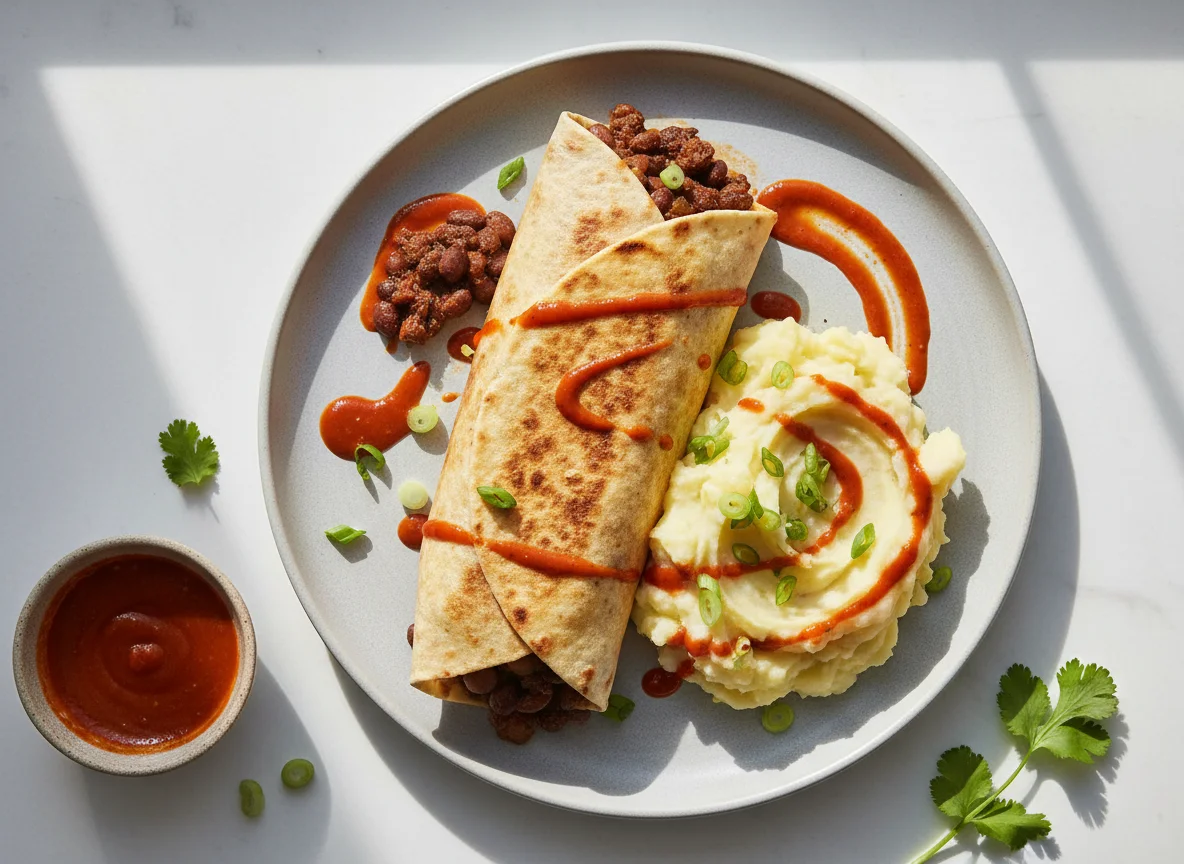 Burritos with mashed potatoes and hot sauce photo