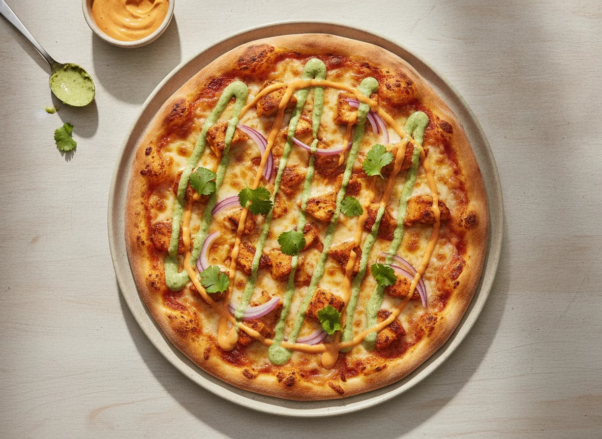 Butter Chicken Pizza with Cilantro and Chutney photo
