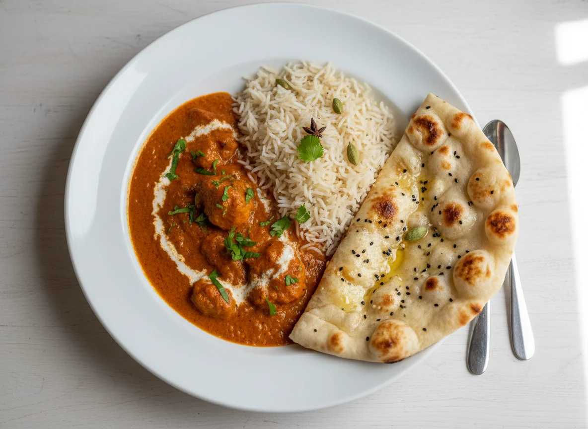 Butter Chicken with Basmati Rice and Naan photo