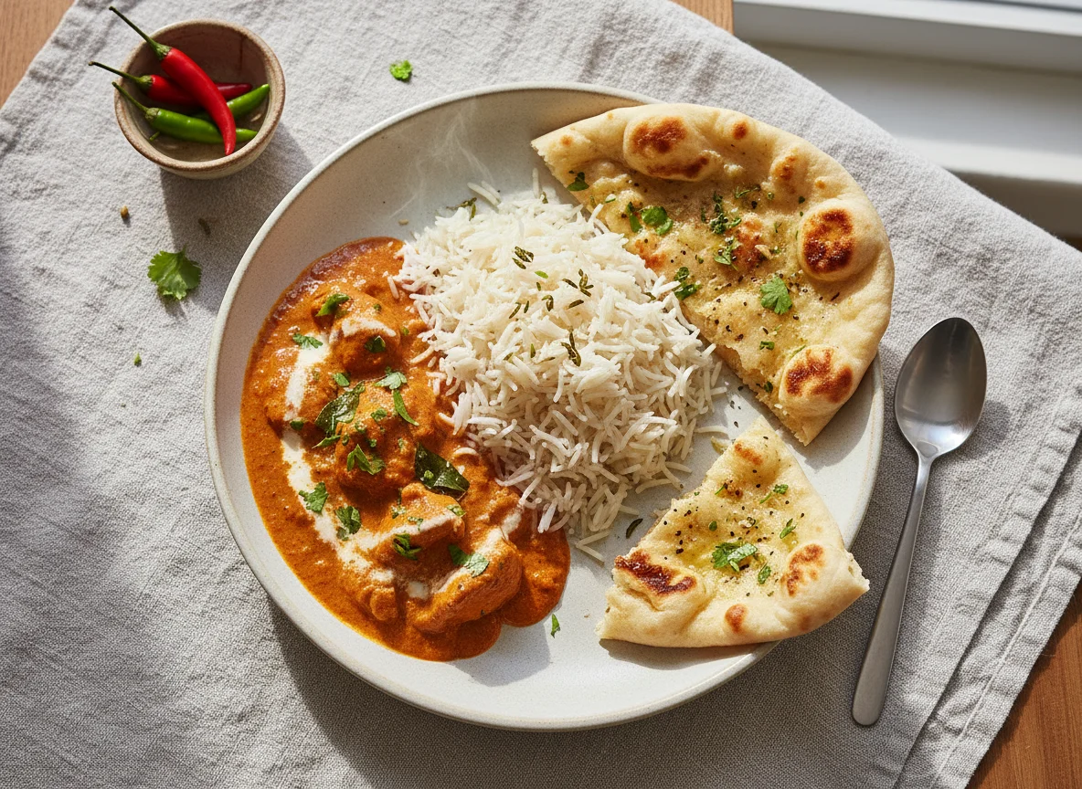 Butter Chicken with Rice and Naan photo