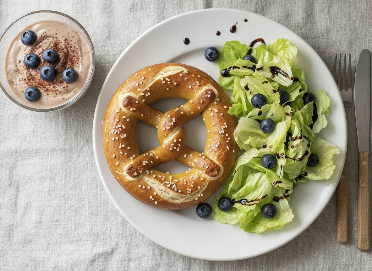 Butter pretzel, yogurt, blueberries and green salad photo