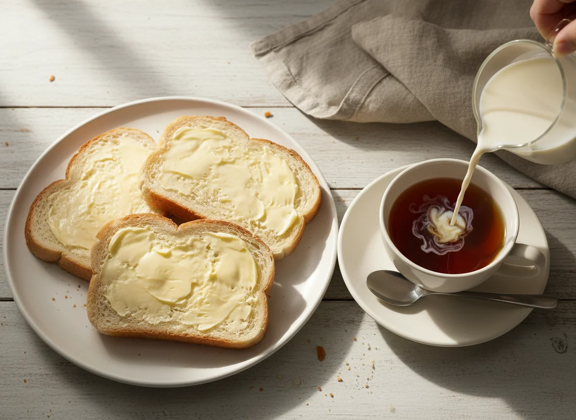 Buttered bread and tea photo