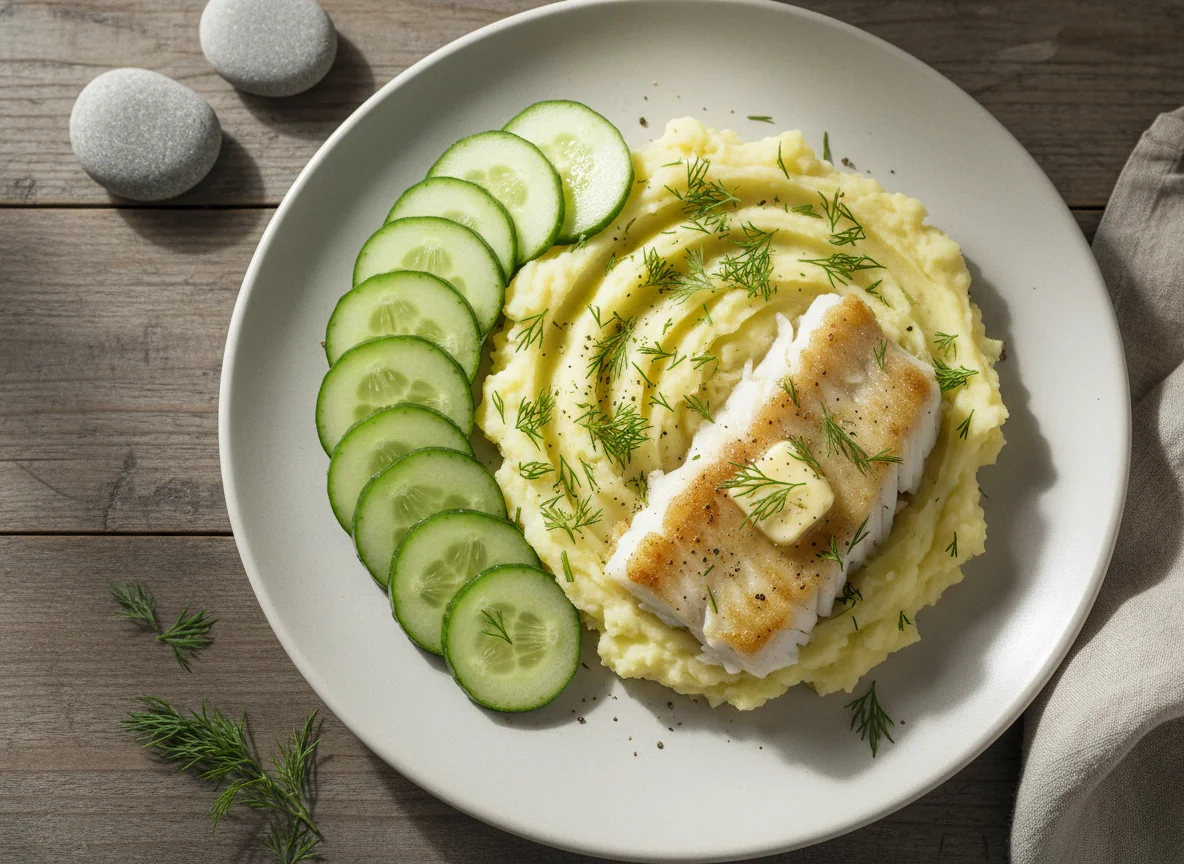 Buttered Fish with Mashed Potatoes and Cucumber photo