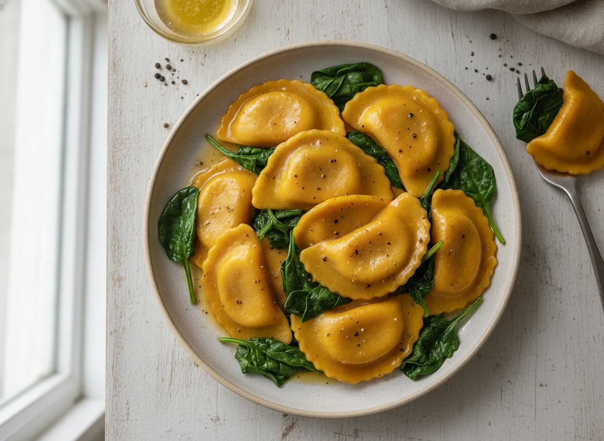 Butternut squash ravioli with spinach photo