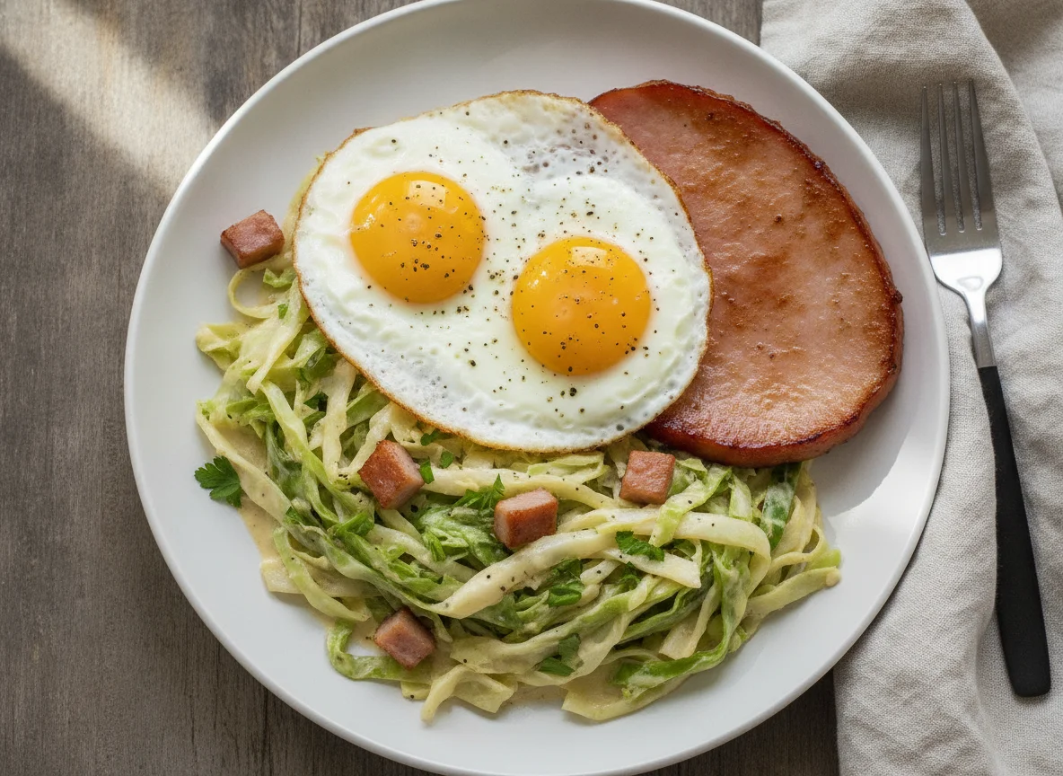 Cabbage Alfredo with Fried Eggs and Ham photo