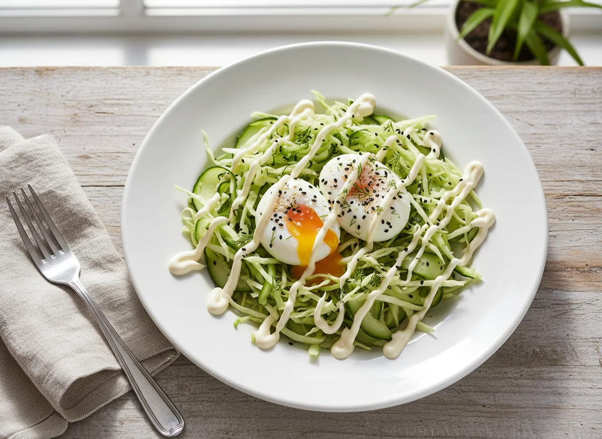 Cabbage and Cucumber Salad with Poached Eggs and Mayonnaise photo