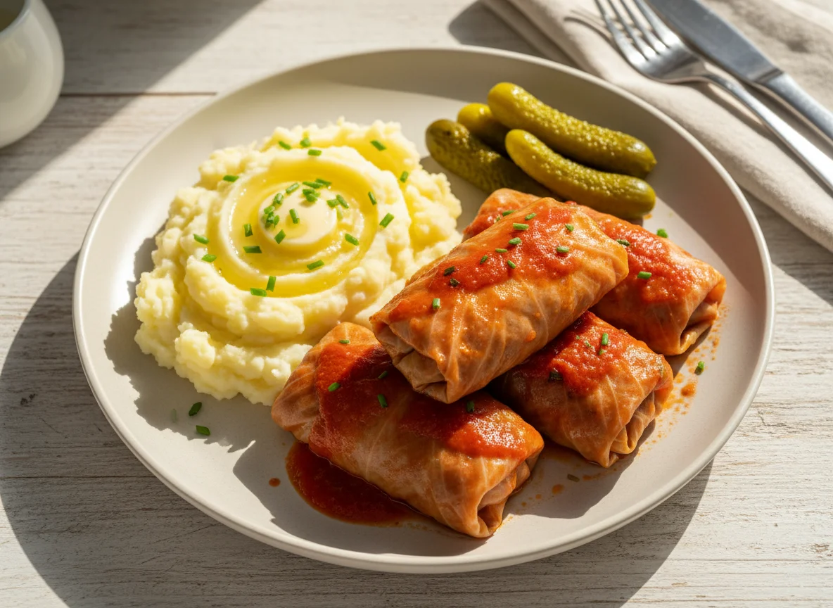 Cabbage rolls with mashed potatoes and pickled cucumbers photo