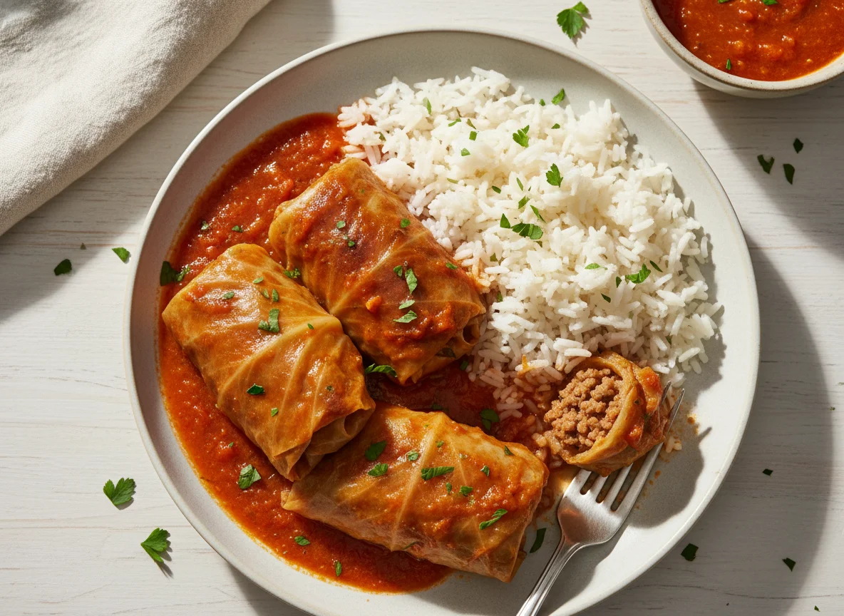 Cabbage Rolls with Rice and Tomato Sauce photo