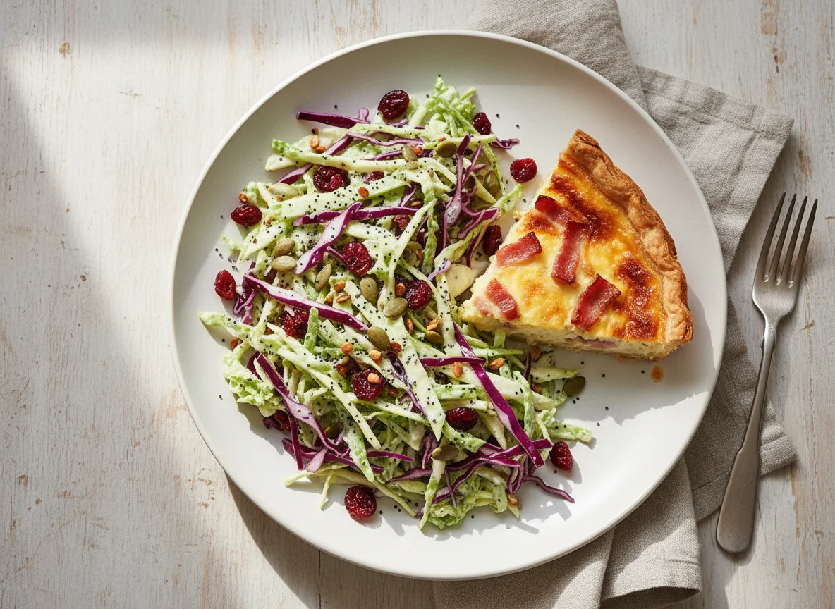 Cabbage Salad with Dried Cranberries, Seeds, and a side of Quiche photo