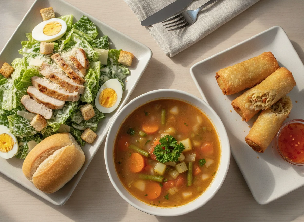 Caesar salad with chicken, vegetable soup, and spring rolls photo