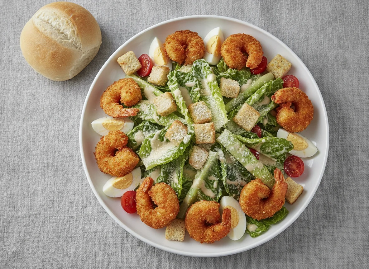 Caesar Salad with Fried Shrimp and Bread Roll photo