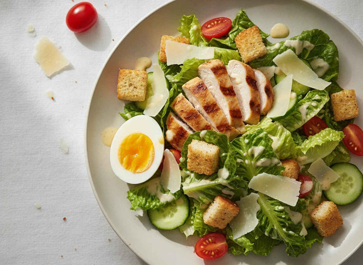 Caesar Salad with Grilled Chicken and Egg photo