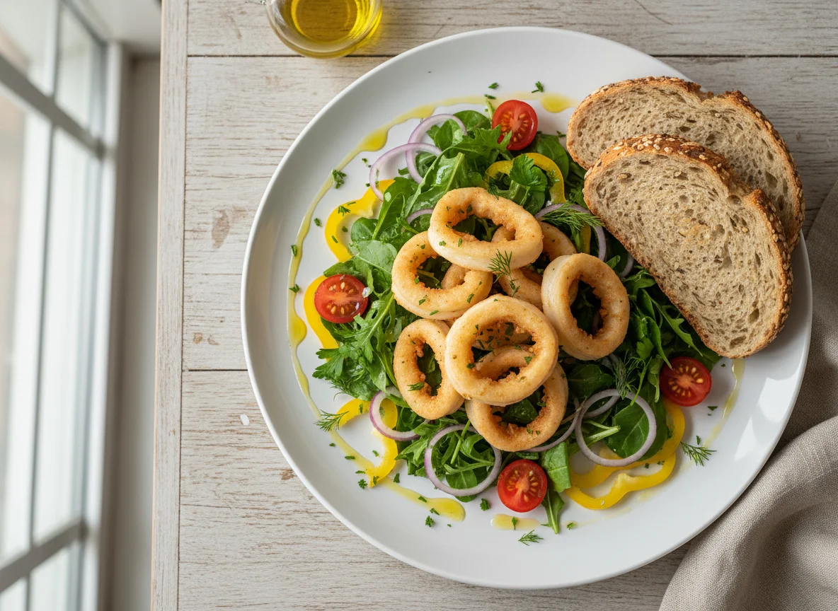 Calamari salad with whole grain bread photo