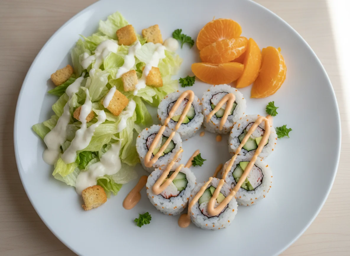California Roll Sushi with Fruit and Side Salad photo