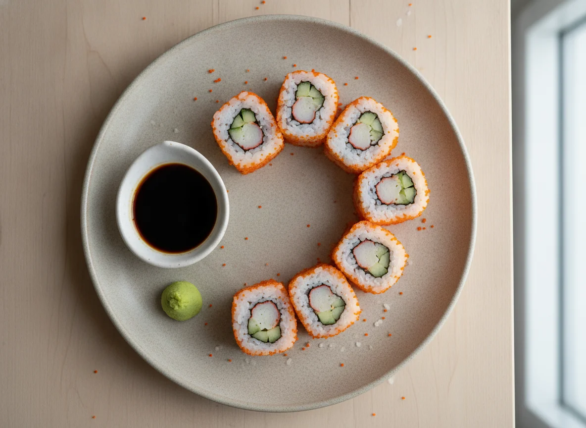 California Rolls with Tobiko and Soy Sauce photo