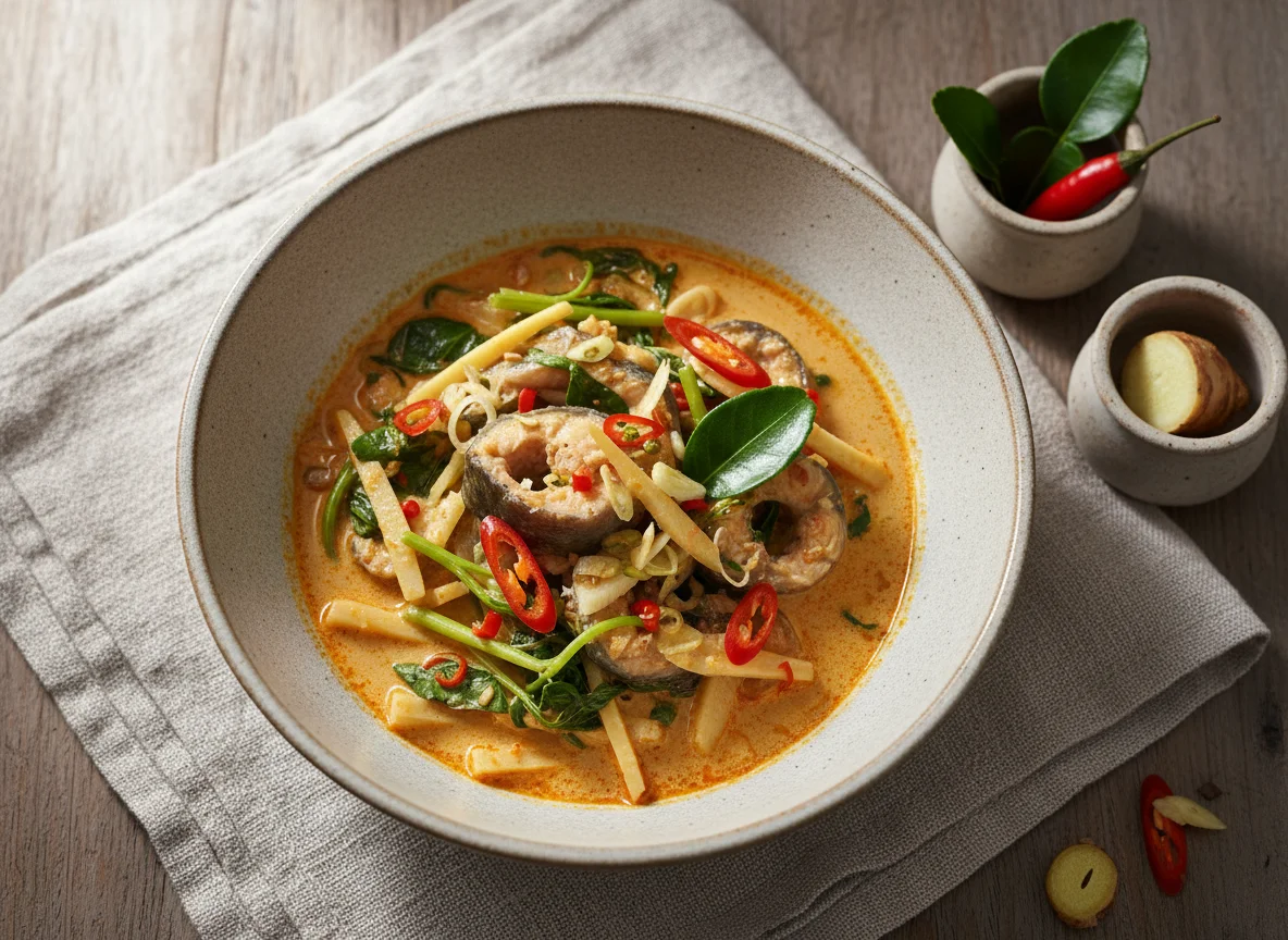 Cambodian Fish Amok with Bamboo Shoots and Vegetables photo