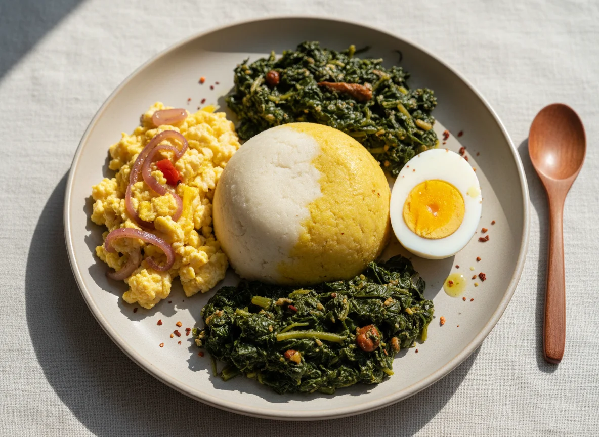 Cameroonian Leafy Greens with Fufu, Egg, and Scrambled Eggs photo