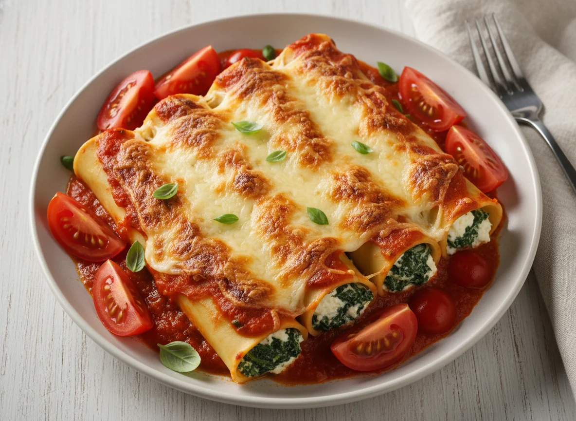 Cannelloni with Tomato and Cheese, served with fresh Tomatoes photo