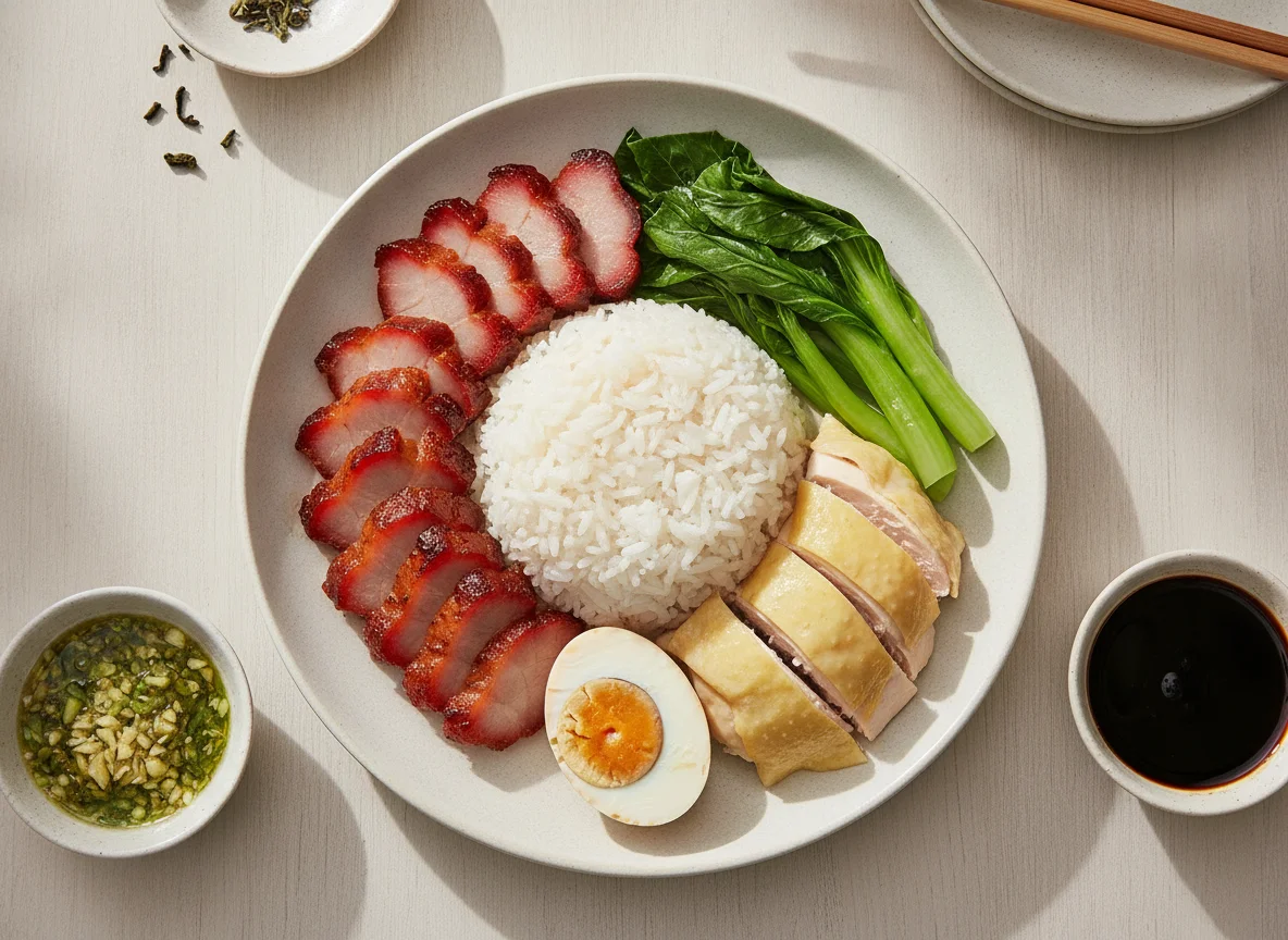 Cantonese BBQ Pork and Poached Chicken Rice with Salted Egg photo