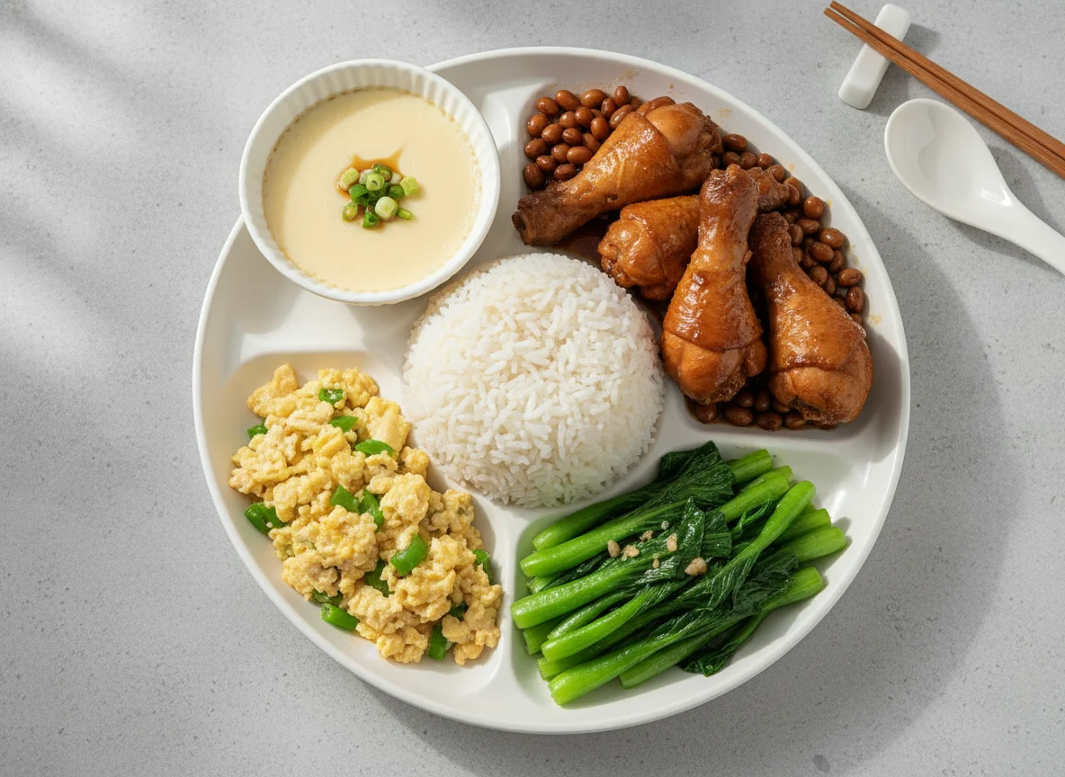 Cantonese Style Canteen Meal with Braised Chicken and Steamed Egg photo