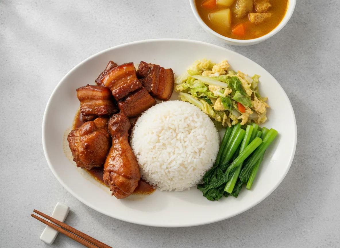 Cantonese Style Canteen Meal with Braised Pork and Chicken photo