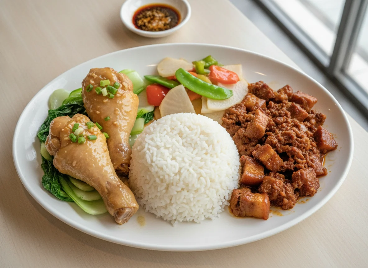 Cantonese Style Canteen Meal with Chicken and Rice photo