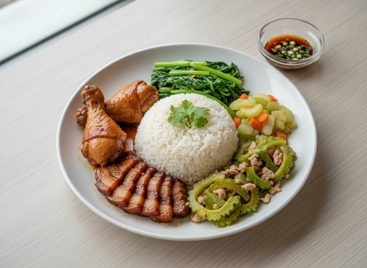 Cantonese Style Canteen Meal with Chicken, Pork, and Vegetables photo