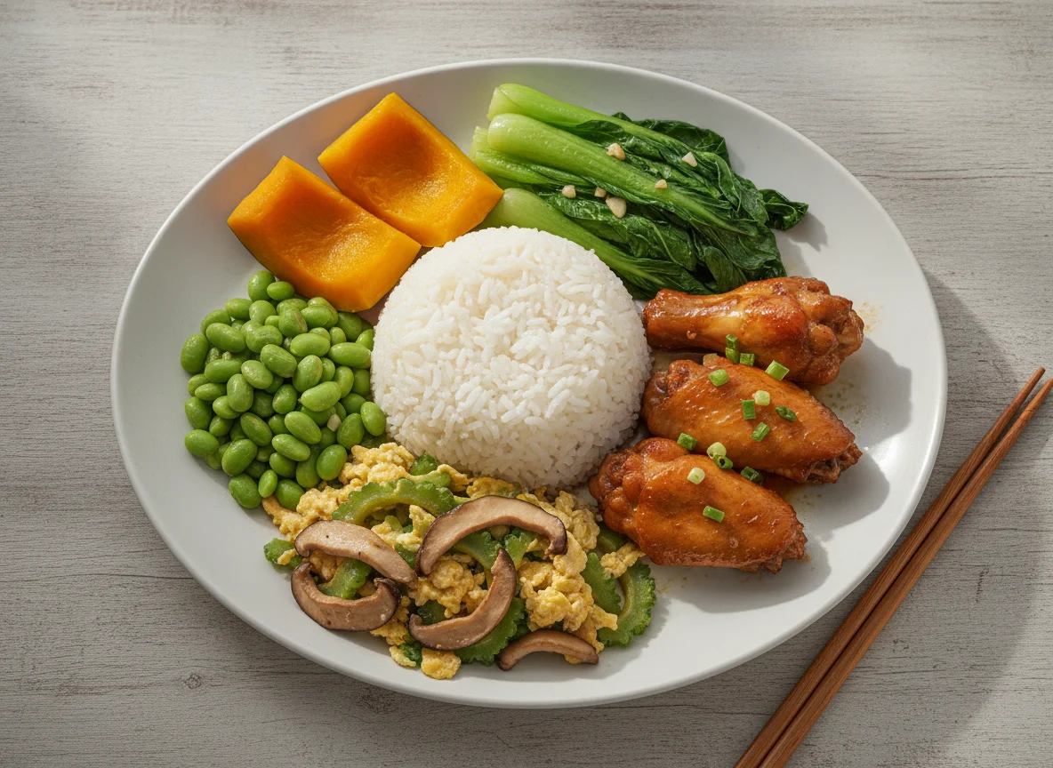 Cantonese Style Canteen Meal with Chicken, Rice, and Vegetables photo