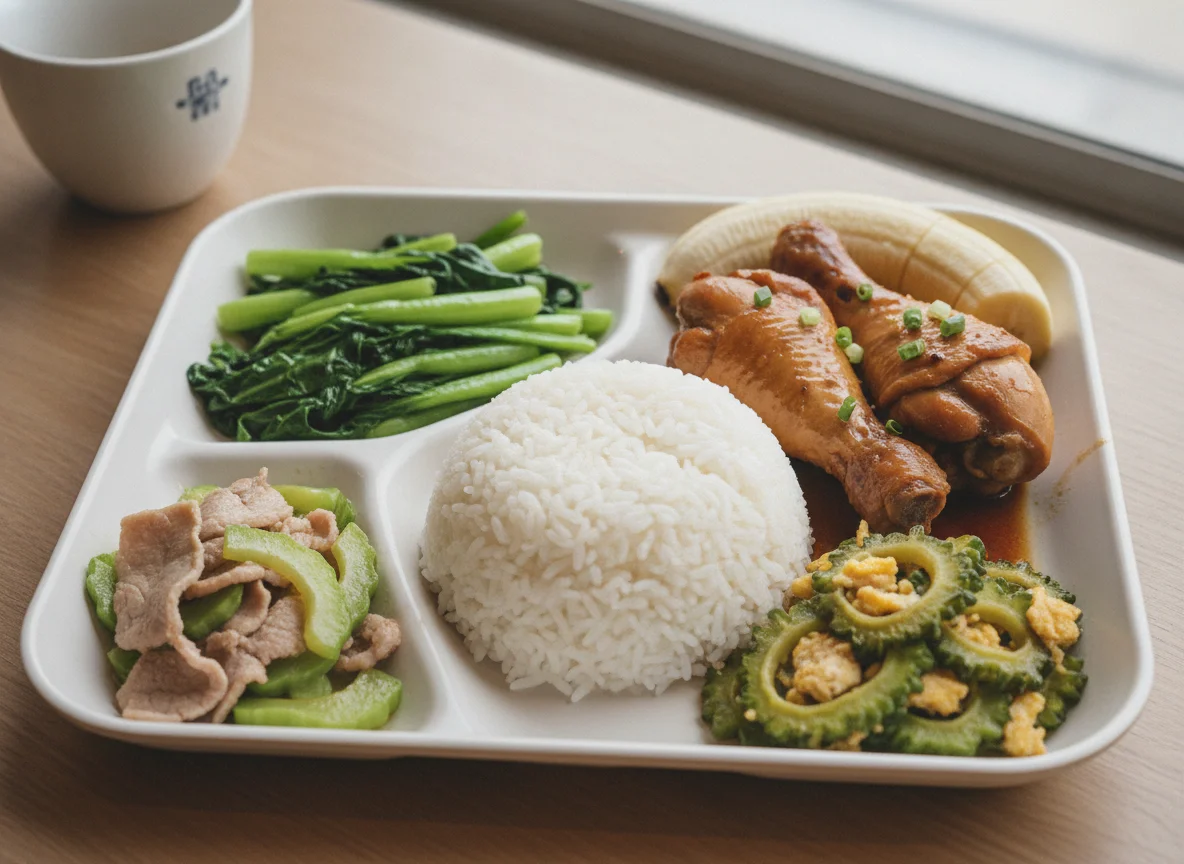 Cantonese Style Canteen Meal with Chicken, Vegetables, Rice and Banana photo